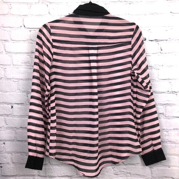 Monteau Sheer Sailor Stripe Collared Lightweight Button Down Front Pocket Top L - Picture 3 of 12